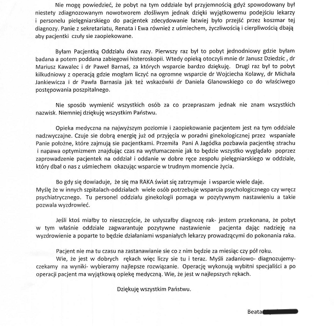 Podziękowanie dla Kierownika Oddziału - dr n. med. Wojciecha Kolawy i Zespołu Oddziału Położnictwa i Ginekologii z Onkologią