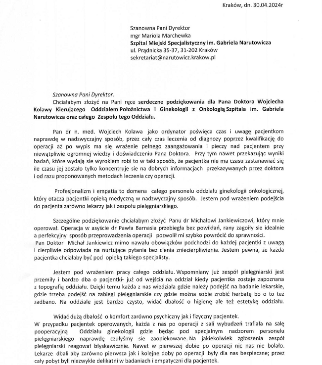 Podziękowanie dla Kierownika Oddziału - dr n. med. Wojciecha Kolawy i Zespołu Oddziału Położnictwa i Ginekologii z Onkologią