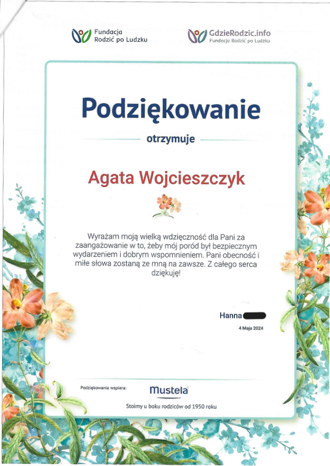 Podziękowanie dla Położnej Agaty Wojcieszczyk