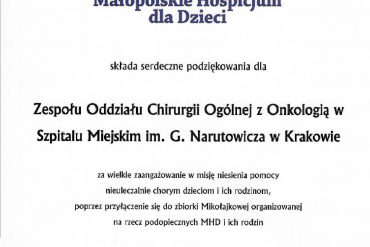 podziękowania z Hospicjum dla Oddziału Chirurgii